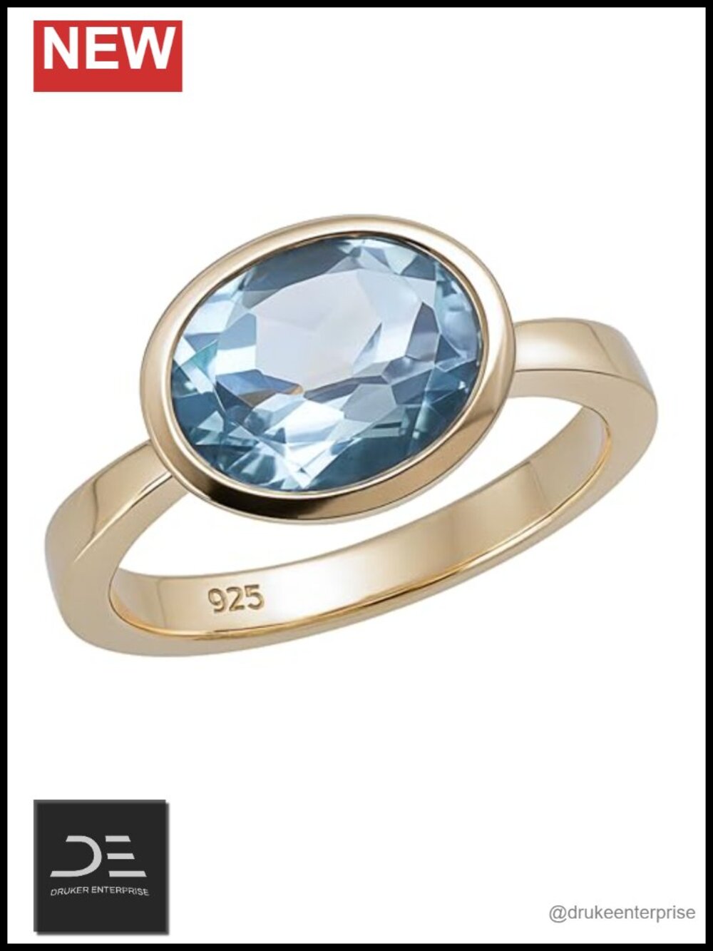 Natural Blue Topaz Oval Ring 925 Sterling Silver 3 Micron Gold Plating Handmade